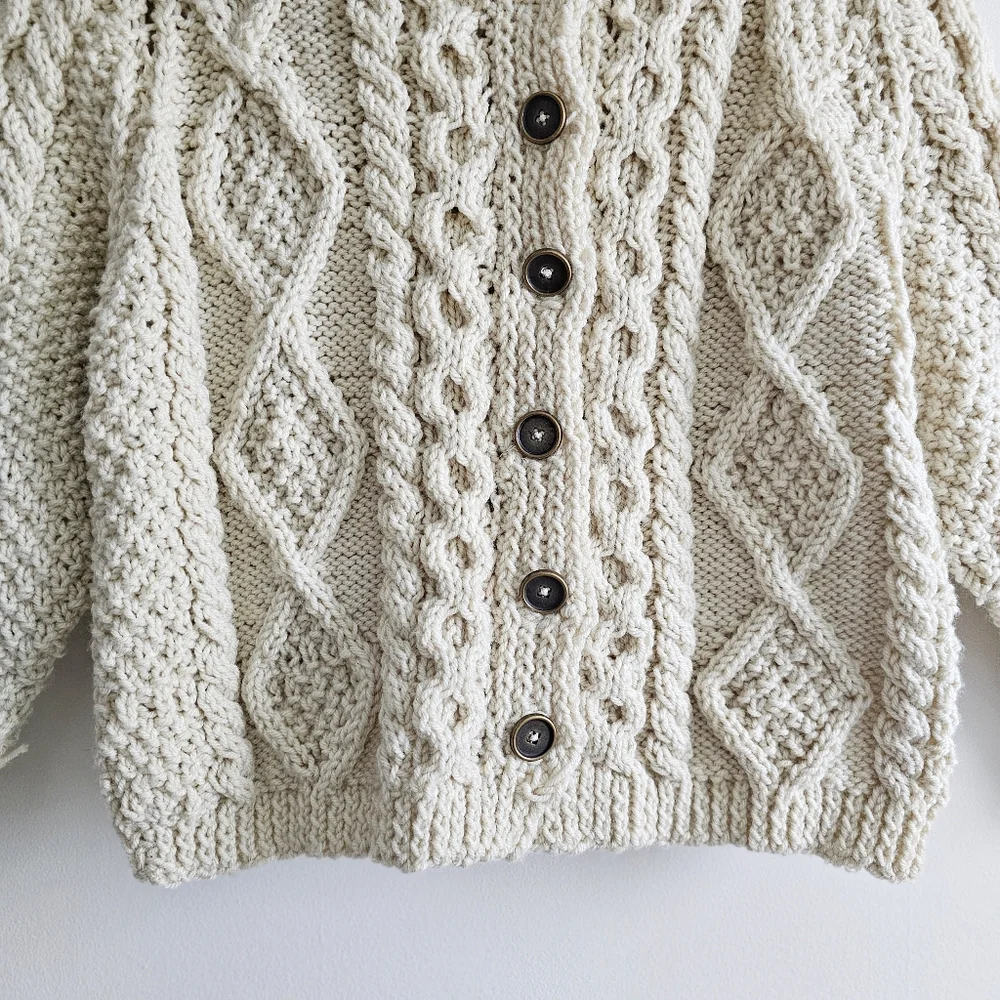 Vintage Hand Knit Cream Chunky Cardigan  Sweater Jacket Children Size Large